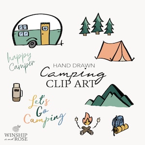 Camping Clip Art - Hand Drawn Outdoors Camping Graphics - 27 Camp Doodles, Tent, Backpack, Mountains, Trees