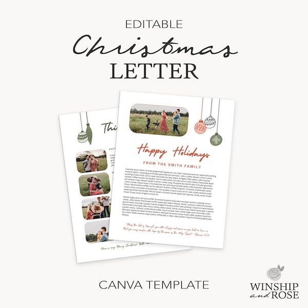 Christmas Letter Template - Canva Template - Editable Family Christmas Letter - Holiday Letter Template - Christmas Ornaments