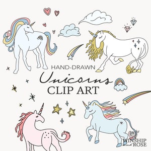 Unicorns Clip Art Set - Hand-drawn Rainbow Unicorn Illustrations, Kids Unicorn Party Graphics - Kids Designs, Rainbows, Stars, Clouds