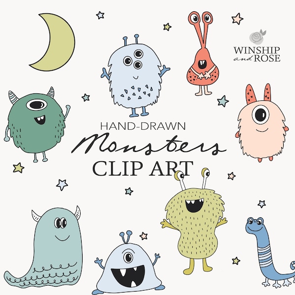 Monsters Clip Art Set - Handgezeichnete Monster Illustrationen, Alberne Monster Design Grafiken - Kinder Clip Art - Gutenacht Monster Sterne Clip Art