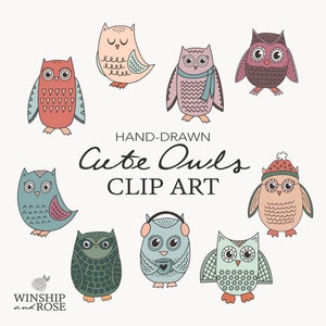 Cute Owls Clip Art - Hand Drawn Owl Doodles, Winter Owls Clip Art, Fall Owls, Birds Clip Art, Owl Graphics