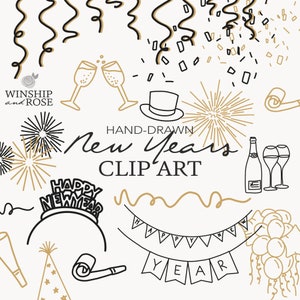 Nouvel an 2025 Clip Art - Doodle graphiques dessinés à la main - 48 conceptions graphiques pour la Saint-Sylvestre, clipart nouvel an, champagne, acclamations