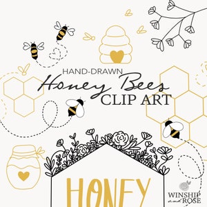 Bijen en honing illustraties - Hand getrokken Bee Graphics - 45 Honey Bee ontwerpen, hommels Clip Art wilde bloemen, honingraat, Hive