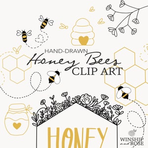 Bees and Honey Clip Art - Hand Drawn Bee Graphics - 45 Honey Bee Designs, Bumblebees Clip Art Wildflowers, Honeycomb, Hive