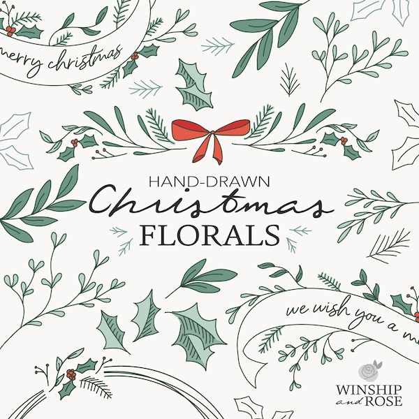 Christmas Florals Clip Art - Hand Drawn Doodle Graphics - 60 Holiday Floral Designs, Winter, Wreath Clip Art, Floral Christmas Designs