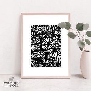 Floral Printable Wall Art, Digital Art Print, Instant Download, Art Print, Floral Poster, Black and White - Garden Rain