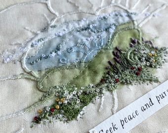 Vintage slow stitch picture, Countryside scene embroidery, Bible Verse picture