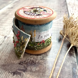 Customised Bible Verse Vintage Cotton Reel Embroidery, Mini Landscape, Textile Art