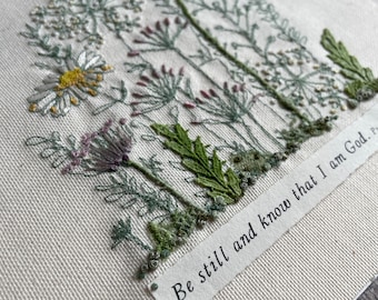 Embroidered Flower Picture, Slow Stitch Meadow, Bible Verse Slow Stitch