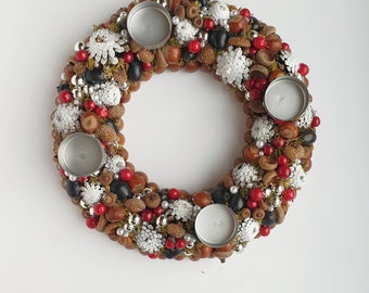 Advent wreath, Christmas wreath, Advent candle, Natural wreath, Rustic, adventskranz, Xmas decoration, Christmas, Candle ring, Nuts wreath