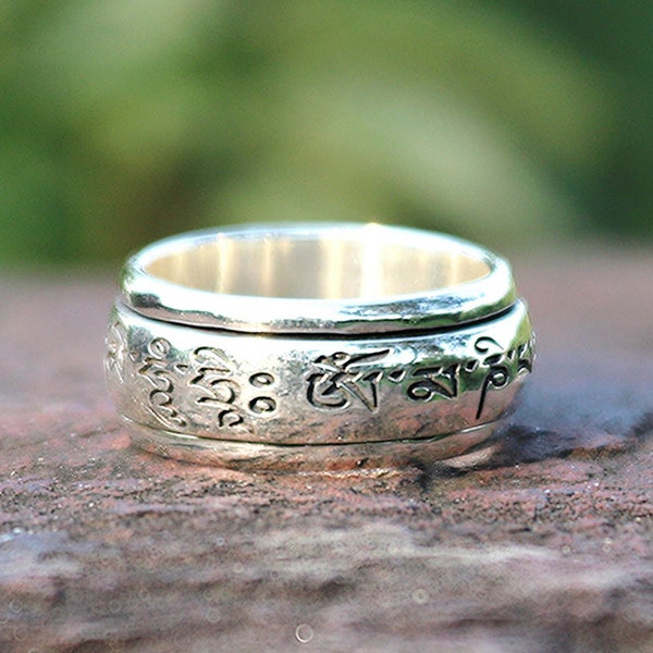 Energy Stone Om Mani Padme Hum "MANTRA" Spinning Wheel Prayer Meditation Spinning Ring in Sterling Silver  (Style# US24)