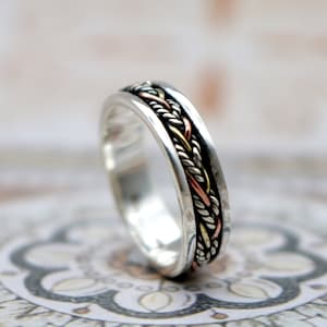 Energy Stone "TWINE" 5.5 mm Narrow Band Tri-Color meditation spinner ring (Style# US40)