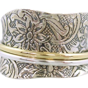 Energy Stone TAPER Silver Meditation Spinner Ring with 1 Brass and 1 Silver Spinners on Etched Floral Leaf Pattern Shank Style US21 image 4