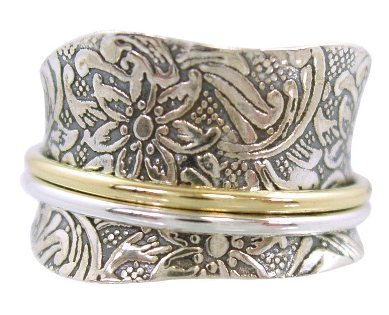 Energy Stone TAPER Silver Meditation Spinner Ring with 1 Brass and 1 Silver Spinners on Etched Floral Leaf Pattern Shank Style US21 image 4