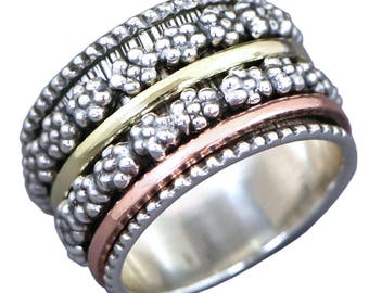 Energy Stone “DAISY” Meditation Spinning Ring with 4 Spinners in Silver Brass and Copper (Sku# US16)