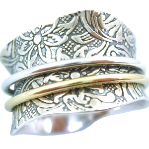 Energy Stone TAPER Silver Meditation Spinner Ring with 1 Brass and 1 Silver Spinners on Etched Floral Leaf Pattern Shank Style US21 image 3