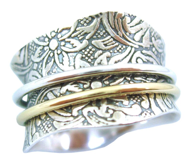 Energy Stone TAPER Silver Meditation Spinner Ring with 1 Brass and 1 Silver Spinners on Etched Floral Leaf Pattern Shank Style US21 image 3