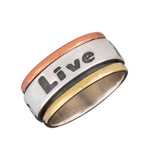 Energy Stone "LIVE YOUR DREAM" Sterling Silver Spinner Tri-Color Meditation Spinner Ring (Style# US66)