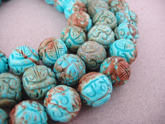Shou 18mm One Large Vintage Carved Chinese Stabilized Turquoise Bead Round