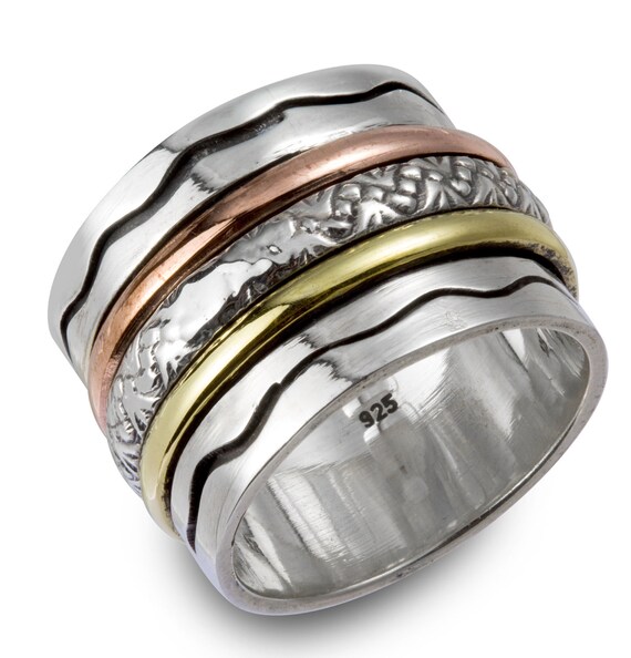 Energy Stone Double Tree Meditation Spinner Ring with 1 Brass 1 Copper Spinners SKU US59