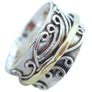Energy Stone RADHA Meditation Spinner Ring with Brass Spinner on 3D Floral Pattern Sterling Silver Base Ring Style US05/798 image 3