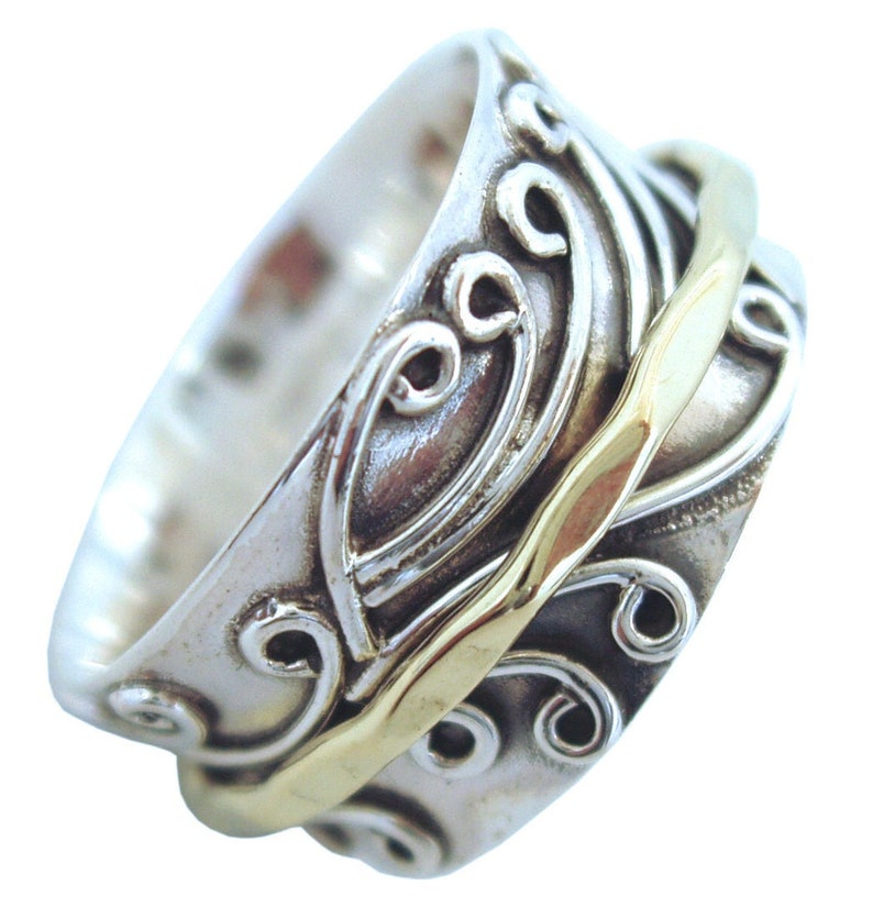 Energy Stone RADHA Meditation Spinner Ring with Brass Spinner on 3D Floral Pattern Sterling Silver Base Ring Style US05/798 image 3