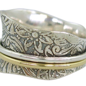 Energy Stone TAPER Silver Meditation Spinner Ring with 1 Brass and 1 Silver Spinners on Etched Floral Leaf Pattern Shank Style US21 image 1