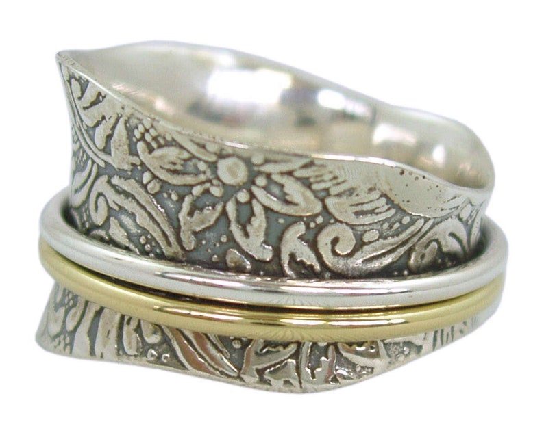 Energy Stone TAPER Silver Meditation Spinner Ring with 1 Brass and 1 Silver Spinners on Etched Floral Leaf Pattern Shank Style US21 image 1