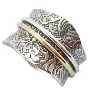 Energy Stone TAPER Silver Meditation Spinner Ring with 1 Brass and 1 Silver Spinners on Etched Floral Leaf Pattern Shank Style US21 image 2