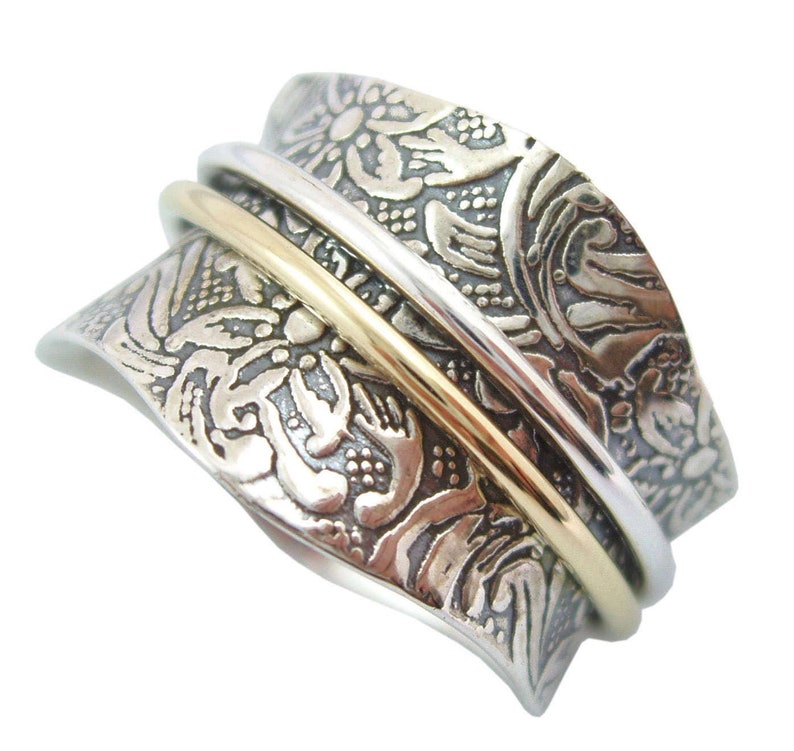 Energy Stone TAPER Silver Meditation Spinner Ring with 1 Brass and 1 Silver Spinners on Etched Floral Leaf Pattern Shank Style US21 image 2