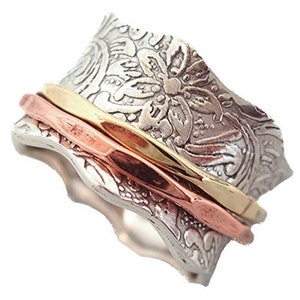 Energy Stone Balance and Beauty Sterling Silver Meditation Spinner Ring with Etched in Leaf Pattern Base Ring (Style USA88/796)