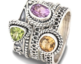 Energy Stone MORE IS MORE  Five Sterling Silver Stacking Ring Set in Amethyst Citrine and Peridot (Style# JP05)