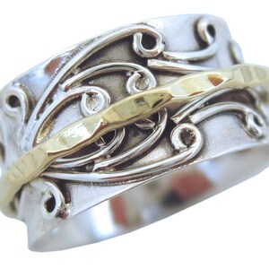 Energy Stone RADHA Meditation Spinner Ring with Brass Spinner on 3D Floral Pattern Sterling Silver Base Ring Style US05/798 image 2