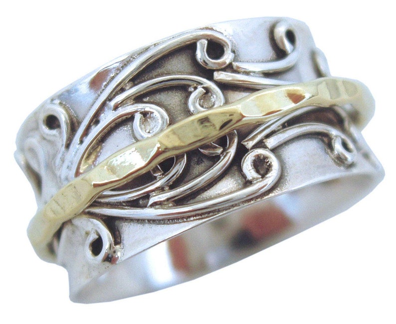 Energy Stone RADHA Meditation Spinner Ring with Brass Spinner on 3D Floral Pattern Sterling Silver Base Ring Style US05/798 image 2