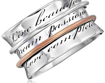 Energy Stone "BEAU LIFE" Silver Meditation Spinning Ring with 1 Silver and 1 Copper Spinners  (SKU# US57)