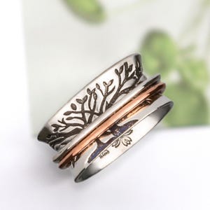 Energy Stone "DOUBLE TREE" Meditation Spinning Ring with 1 Brass 1 Copper Spinners (SKU# US59)