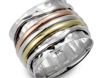 Energy Stone "ELEGANCE" Meditation Spinning Ring with Tri Color Spinners on Hammered Pattern Sterling Silver Base Ring (Style# USA07)