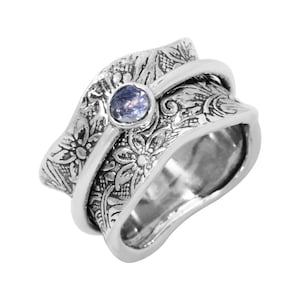 Energy Stone Balance and Beauty Sterling Silver Meditation Spinner Ring with Etched in Leaf Pattern Base Ring (Style USA88-MS)