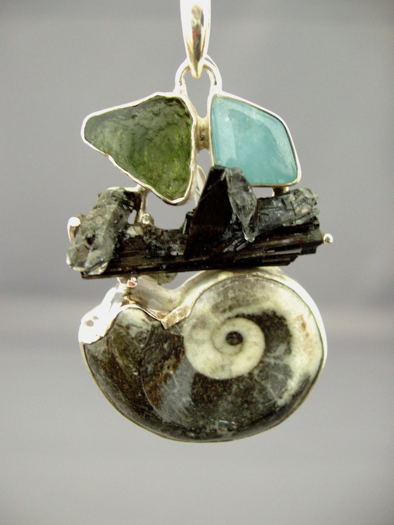 CHRISTMAS SALE 20/% Off Beautiful Large Energetic 15x56mm Moldavite Aquamarine Black Tourmaline Orthoceras Pendant sku#600