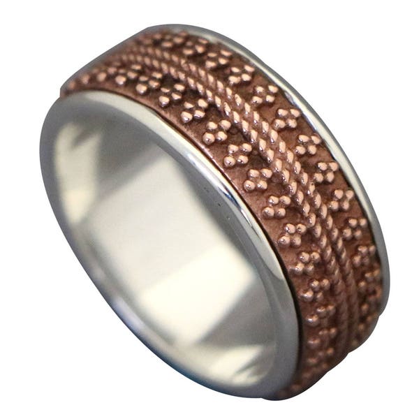 Energy Stone "RED ARTICULATED" Narrow Band Reticulation Beads Style Silver and Copper Spinning Ring (Style USA43)
