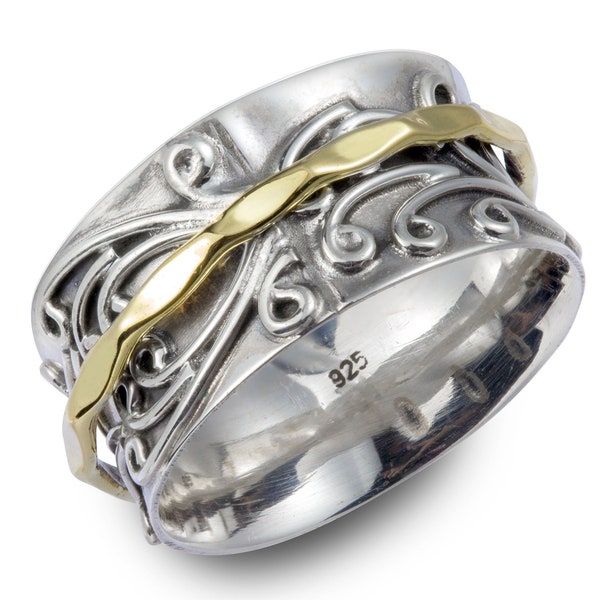 Energy Stone "RADHA"  Meditation Spinner Ring with Brass Spinner on 3D Floral Pattern Sterling Silver Base Ring (Style# US05/798)