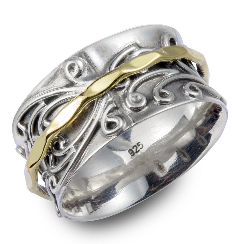 Energy Stone RADHA Meditation Spinner Ring with Brass Spinner on 3D Floral Pattern Sterling Silver Base Ring Style US05/798 image 1