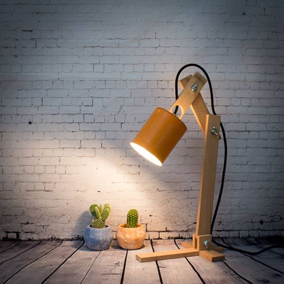 Small Wood Desk Lamp Orange Shade Recycled Can Wooden Gift For Him Loft Lighting