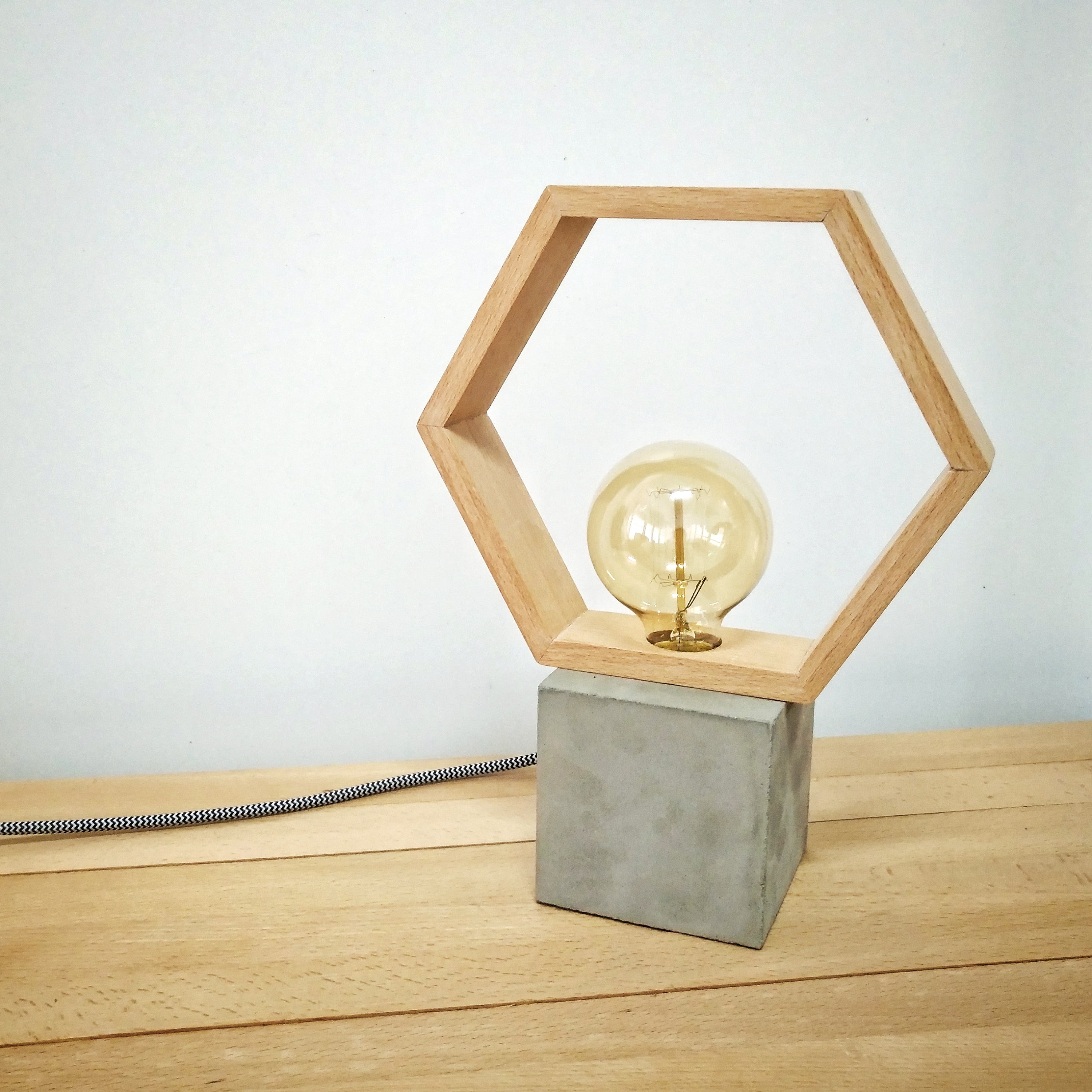 concrete wooden lamp Hexagon table lamp Modern Etsy