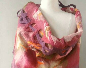 Felt scarf, wet felt scarf, wool shawl, boho pashmina, wool stole, rural wedding, felt art, mother's day gift, nuno felt