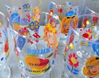 set of 6, long drink glasses, retro drinking glasses, juice glasses, flower power design, pop art glasses, fruit juice glasses, cocktail glasses, Christmas gift