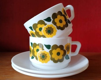 XL, Arcopal Lotus, taza y platillo Lotus, Café au lait Arcopal, Arcopal France, cocina retro, tazón de sopa Arcopal, flower power, regalo vintage