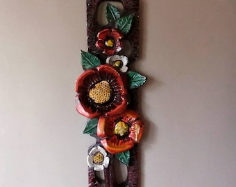 ceramic wall hanging, mcm art, wall sculpture, ceramic wall hanging, ceramic wall relief, 60s art, flower power art, ceramic art