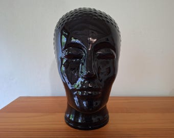 Mannequin head black glass, head glass black, space age design, headphone head, pop art, mannequin head, black glass head
