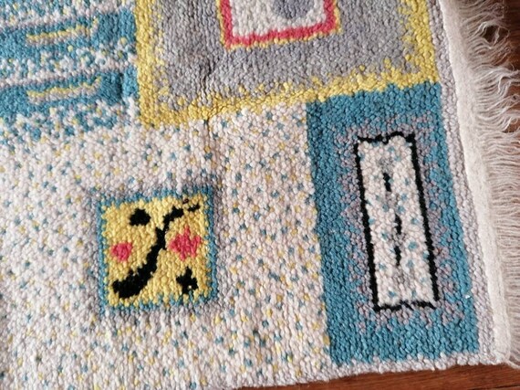Mcm vloerkleed, accent vloerkleed, mcm home decor, wollen tapijt, handgeknoopt tapijt, abstract vloerkleed, midcentury kleed, 60s home decor